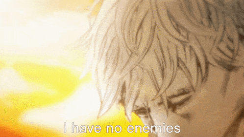 An animated GIF of Thorfinn, a character from Vinland Saga, with a serious expression on his face, saying his famous quote: 'I have no enemies.' The background shows a serene, open field, reflecting the moment of introspection and peace.
